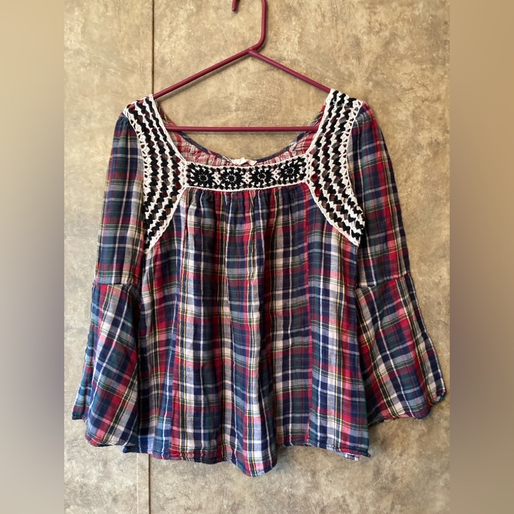 Oddy Blouse Boho Hippie Artsy Soft Cotton Plaid Crochet Summer Top S M